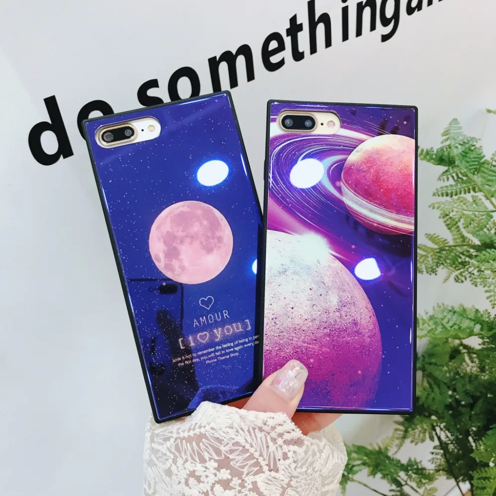 ZMASI Tempered Glass Cell Case for iPhone X 6 6s Blue-ray The Earth Moon Square Phone Shell 7 8 Plus Back Cover |