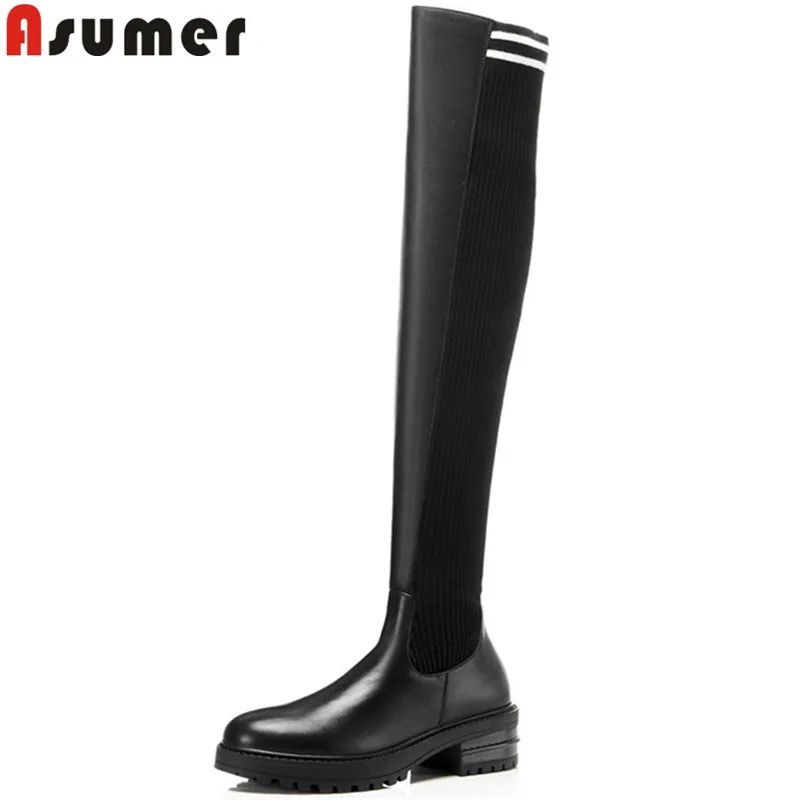 

ASUMER 2018 fashion over the knee boots round toe autumn winter boots platform stretch fabric+cow leather boots big size