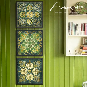 

Emerald Indian national pattern retro 3 piece canvas wall art home decor painting for living room posters and prints schilderij