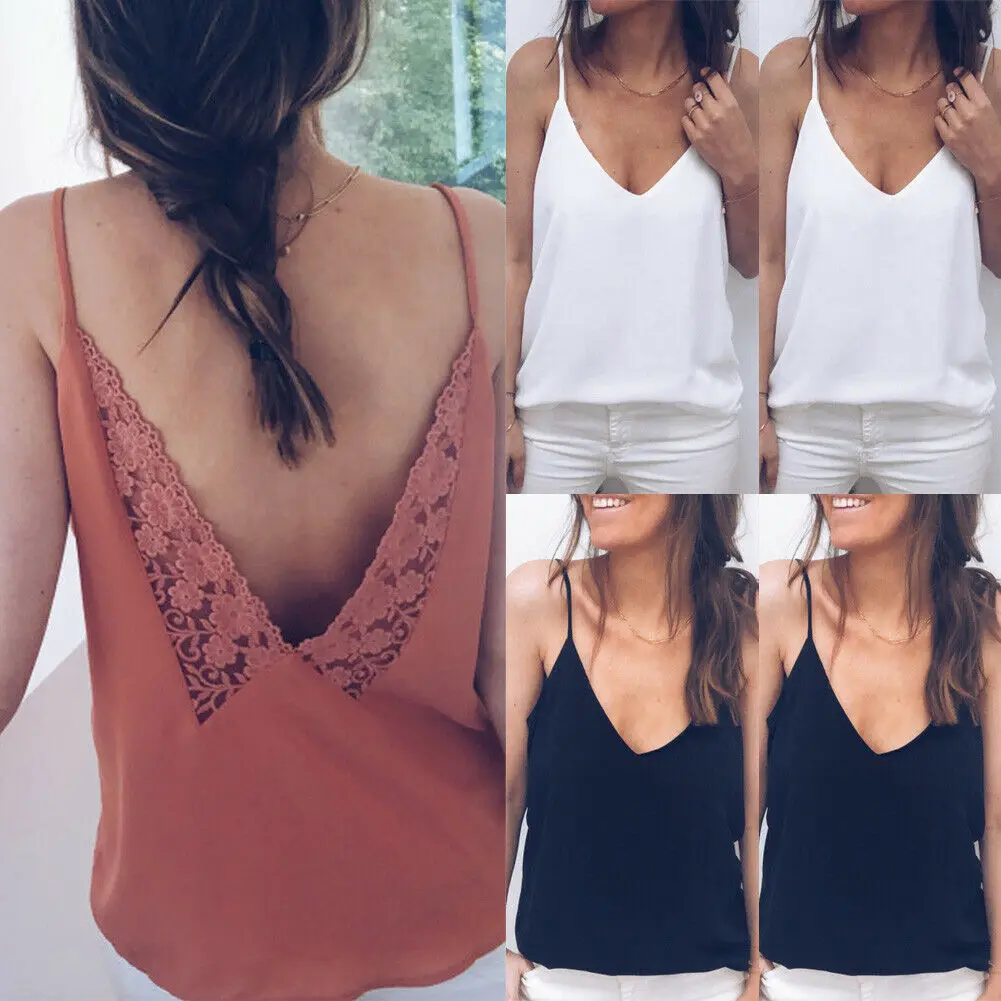 

Casual Sexy Summer Women Spaghetti Strap Vest Top Sexy V neck Backless Lace V Sleeveless Tank Top T-Shirt