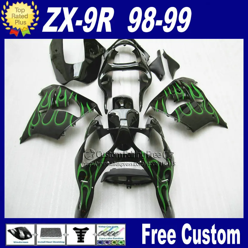 Пользовательские Мотоцикла Обтекатели для Кавасаки fairings1998 1999 ZX9R ниндзя zx9r 98 99 черно-зеленые языки пламени обвес+ 7 подарки