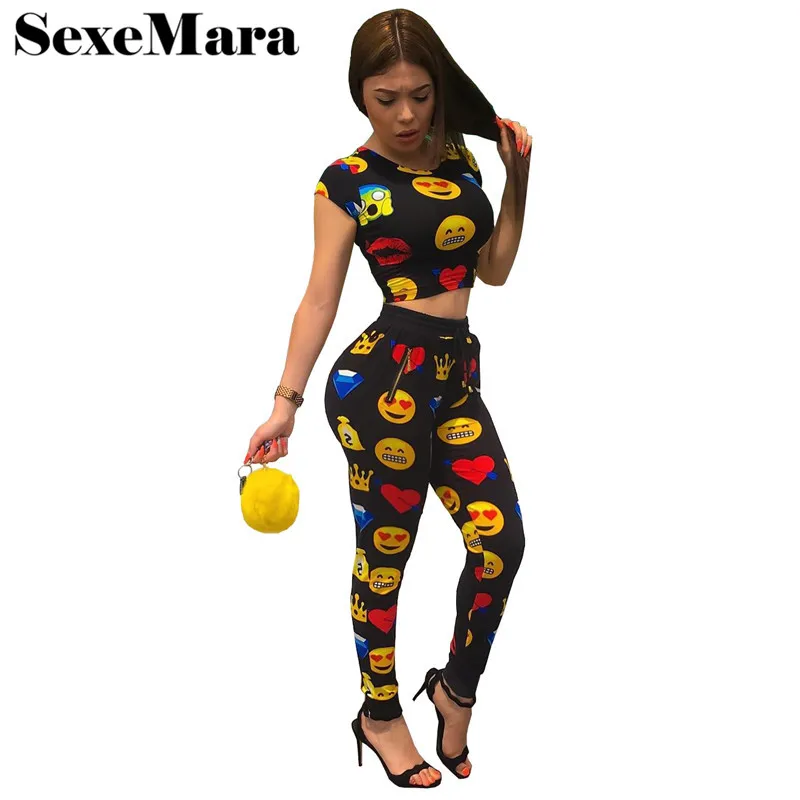 Image Emoji Print Women Sweat Suits 2016 Autumn and Winter Two Piece Set Top and Pants Sexy Sportswear Women Cute Jogger Set D36 AE18