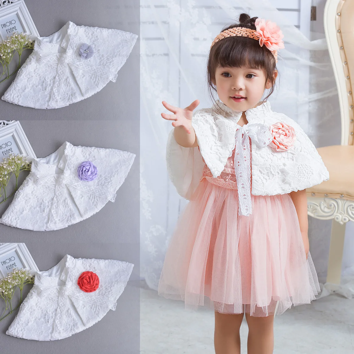2017 New Fashion Baby Girls Lace Flower Shawl Fall Winter Cardigan Kids Girl Infant Cloak Clothes Wear