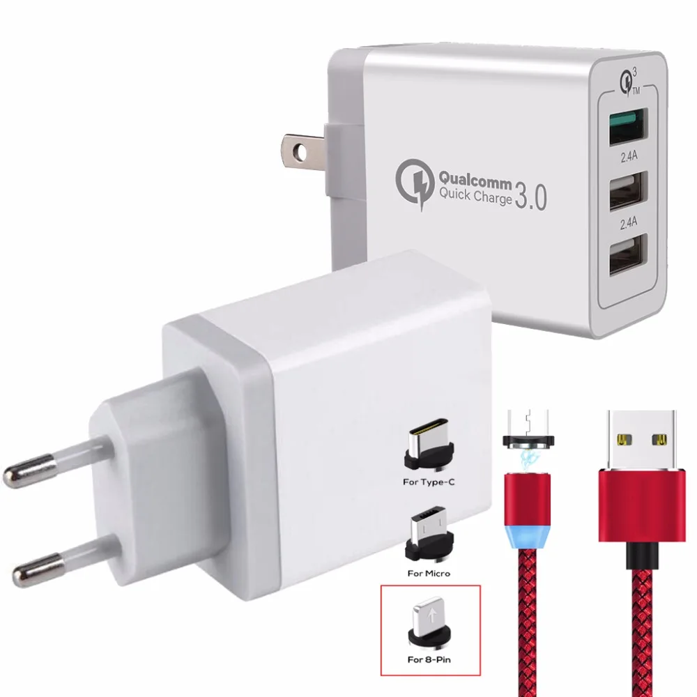 

3 Ports Quick Charger QC 3.0 30W USB Charger For iphone 7 8 ipad Samsung S8 Huawei Xiaomi Fast Charger QC3.0 EU/US Plug +Cable
