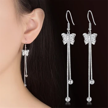 

Sweet hipster exaggerated in the long paragraph tassel Drop Earrings fashion hollow bow flying earrings female silver jewelry
