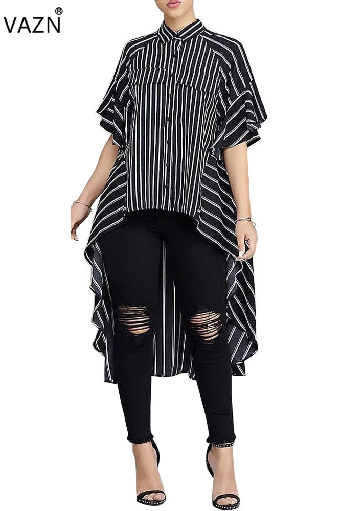 

VAZN Autumn 2019 New Arrival High Casual Novelty Fashion Women X-Long Tees Striped Short Sleeve Lady Hollow Out Tees SN3435