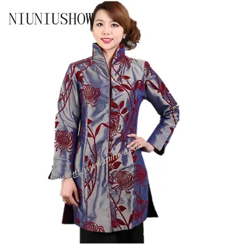 

2015 Hot Sale Gray Women's Satin Outwear Middle-Aged Mother Mandarin Collar Coat Printed Casacos Femininos Size S To XXXL T048