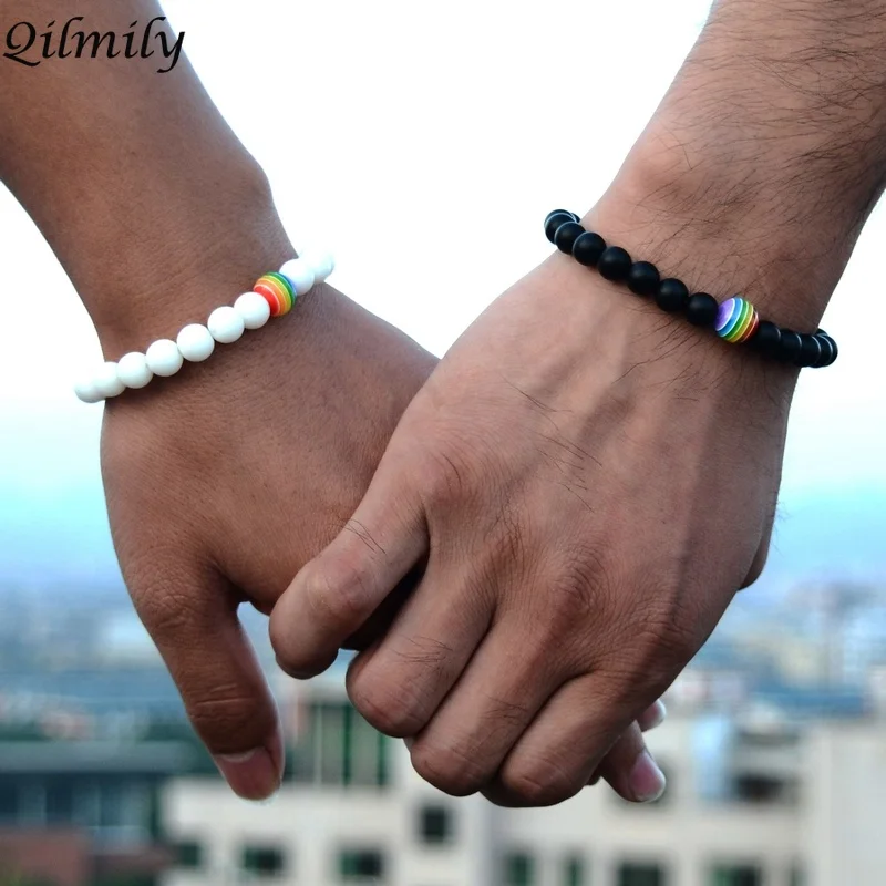 Qilmily Смесь натуральных камней из бисера ЛГБТ радуга цвет гей браслеты и браслет для женщин мужчин вулканический камень пара подарки сувениры Лидер продаж