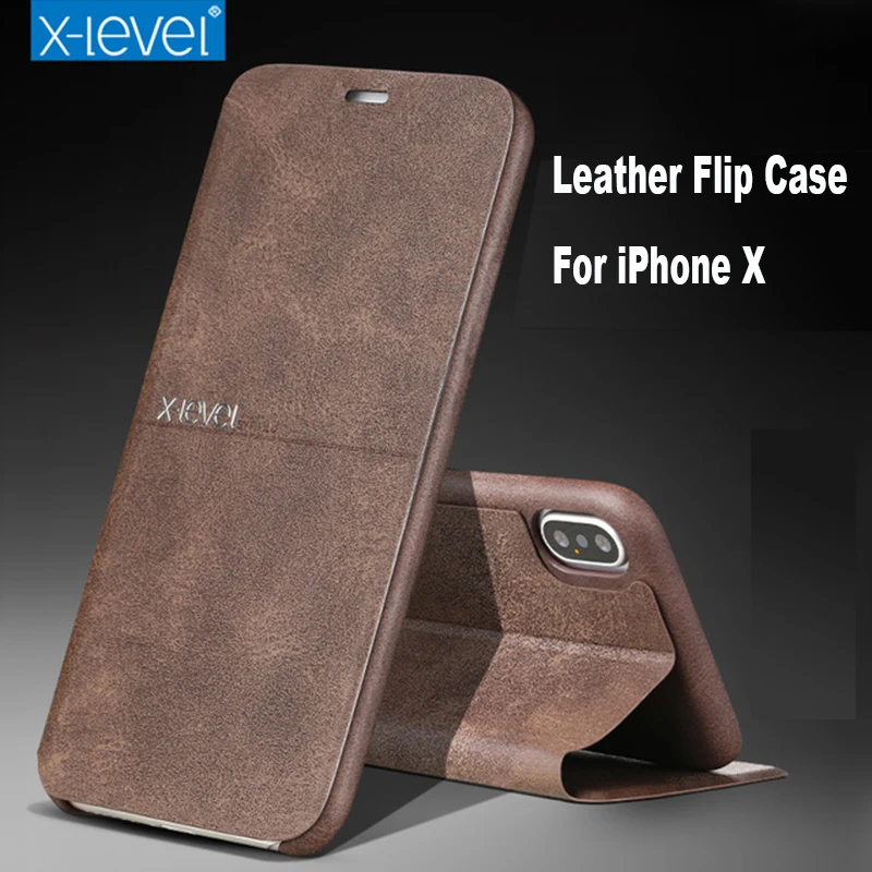 

X-Level Leather Ultra thin Flip Phone Case For iPhone X Full Protective Folio Case Flip Cover with Stand for Apple iPhone X