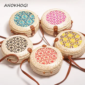 

Beach Bohemia Handmade Women Straw Woven Shoulder Bag Flowers Colorful Weaving Vintage Rattan 20cm Circle Bags Handbags B332