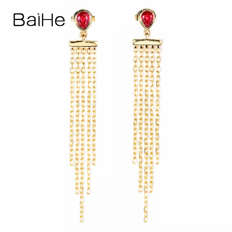 BAIHE Solid 18K Yellow Gold Pear Natural Ruby Earrings Wedding Gift Fine Jewelry Making Trendy Tassel Stud Women | Украшения и