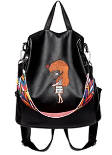 

Large Convertibal Embroidery Catoon Characters Shoulder Bag Big Capacity Hobos Bag Embroidered Leather bag wide colorful strap