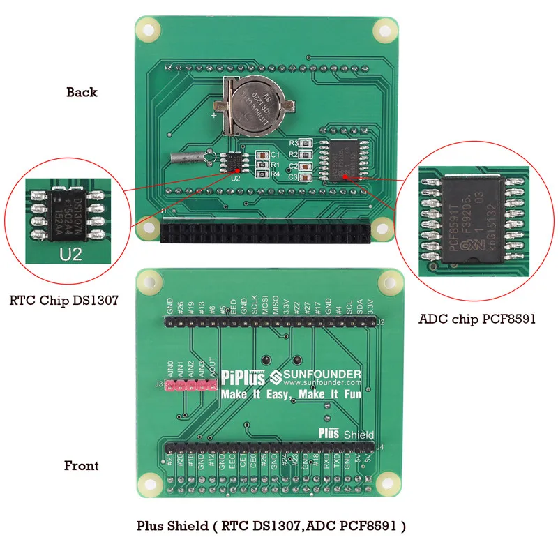 Sunfower Raspberry Pi 3 2 модуль B& 1 модуль B+ GPIO Плата расширения плюс щит с RTC DS1307 и ADC PCF8591