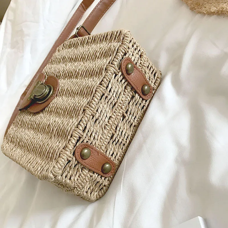 Women Shoulder Bags Casual Straw Candy Color Square Beach Bag Small Single-Shoulder Bags Fashion Designer Handbag Bolsasd SS0289 (19)