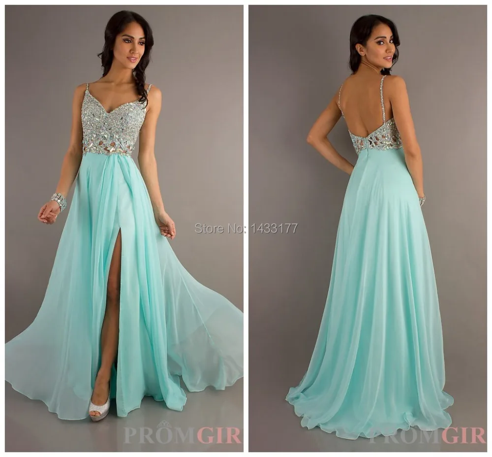 

Hot Sale Sexy Reliable Spaghetti Straps Sparkle Beaded Bodice Mint Color High Split Blue Party/Prom Dresses Formal Dress