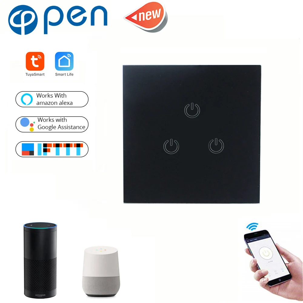 

Tuya 3 Gang Wifi touch wall Switch light switch Global control compatible with Amazon Alexa,Google home for Smart home