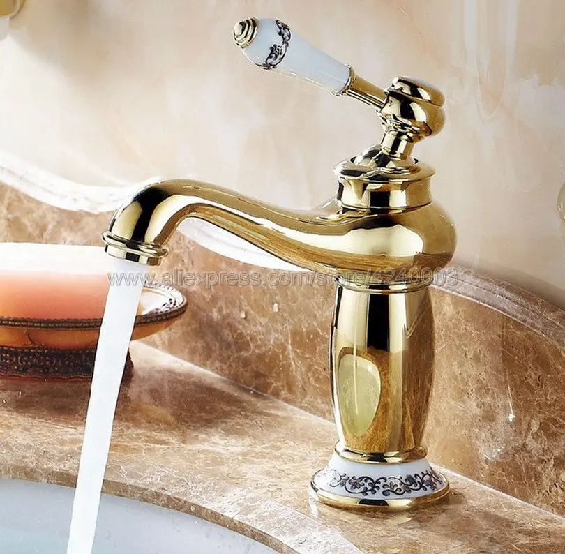 Basin Faucets Gold finish Bathroom Faucet Ceramic Single handle Basin Mixer Tap Bath Brass Sink Water Tap Knf501