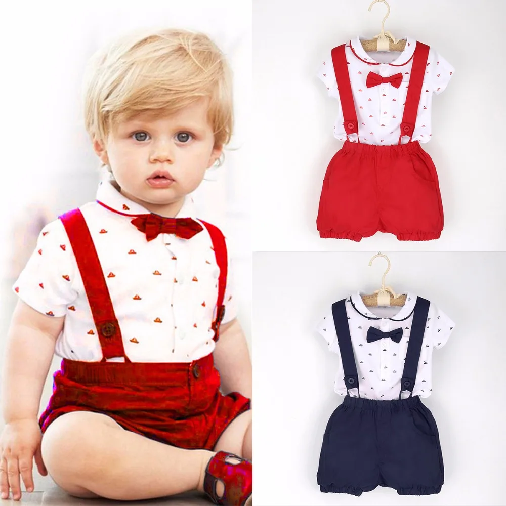 

2018 Summer 2pcs Toddler Baby Kids Clothes Infant Boys Gentleman Outfits T-shirt Romper Tops + Suspender Shorts Set 1-6T