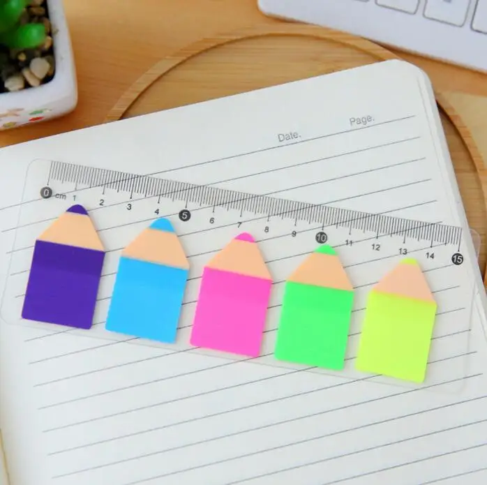 Novelty Pencil Shape Fluorescent Self Adhesive Memo Pad Sticky Notes Bookmark with Ruler School