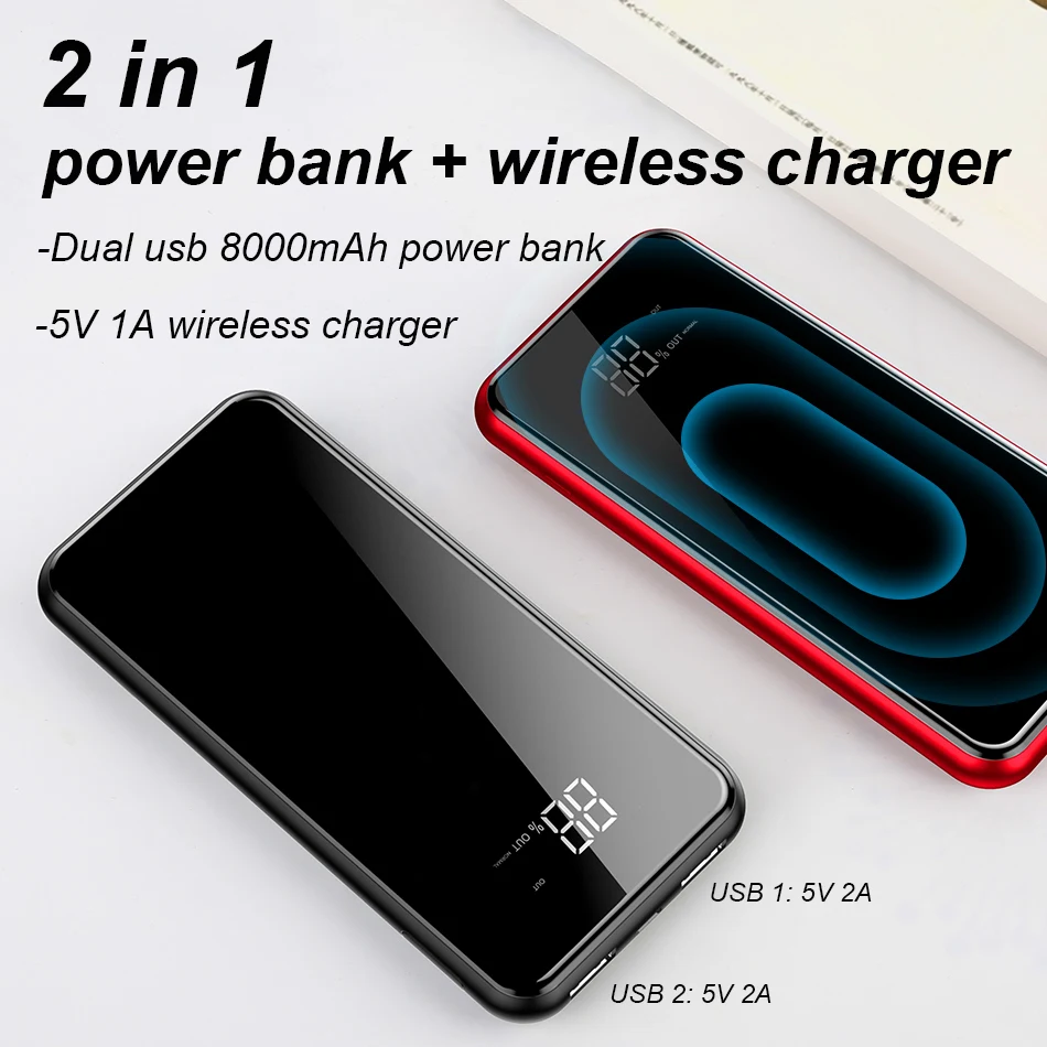  Baseus 8000 mAh cargador inalámbrico QI 2A Dual USB banco de potencia para iPhone X 8 LCD Powerbank