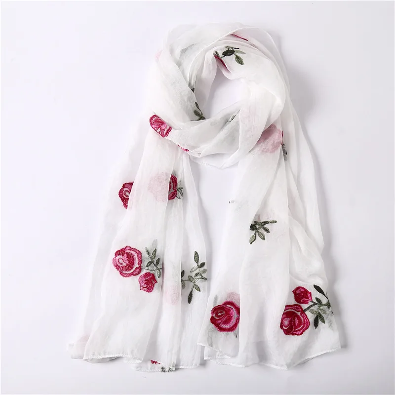 Шарф с узором розы, шелковый шарф с вышивкой, дорожный солнцезащитный платок, шарфы для женщин, мягкий светильник, Женский хиджаб, шарф