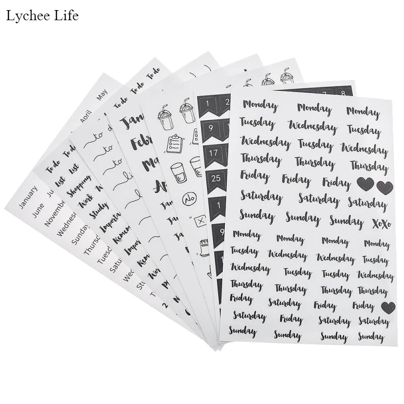 

Lychee Life Personality 8pcs/pack Monthly Weekly Basic Schedule Planner Sticker DIY Scrapbooking Label Paper