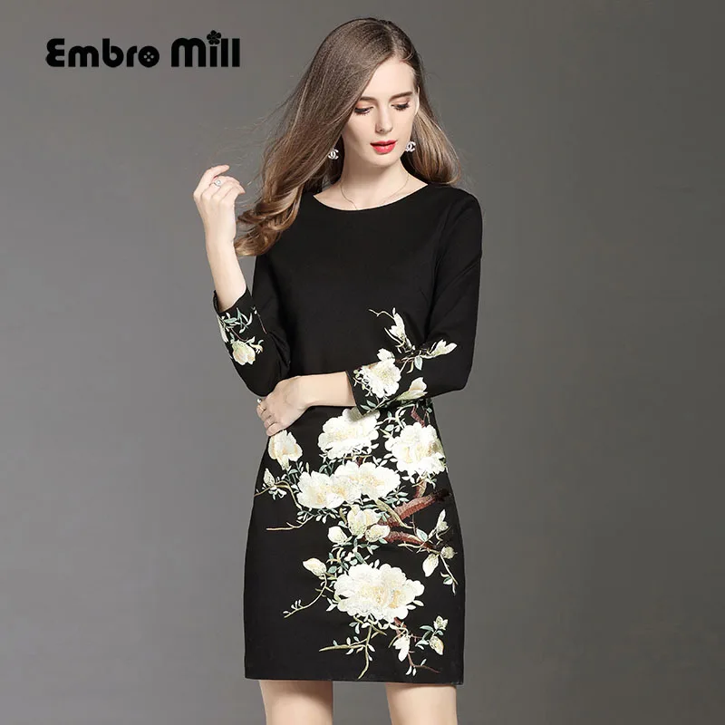 

High quality black dress for women autumn & winter O-neck wrist sleese embroidery slim lady A-line floral casual dresses M-5XL