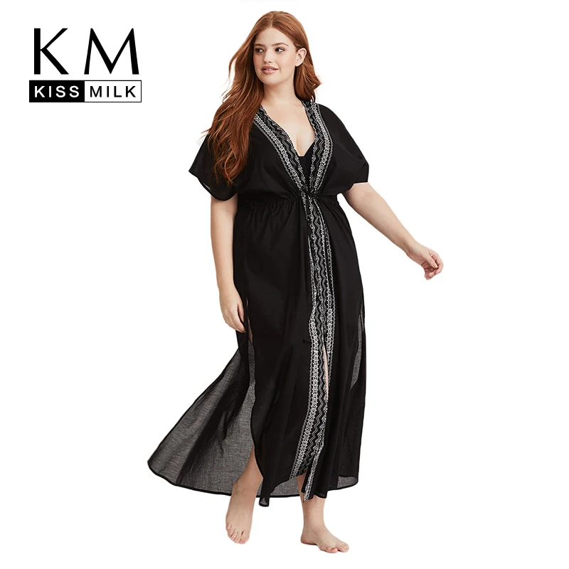 

Kissmilk Plus Size Women Bohemian Long Dress Loose Deep V-Neck Mid-Calf Lace Up 2018 Summer New Arrival for Lady in Party