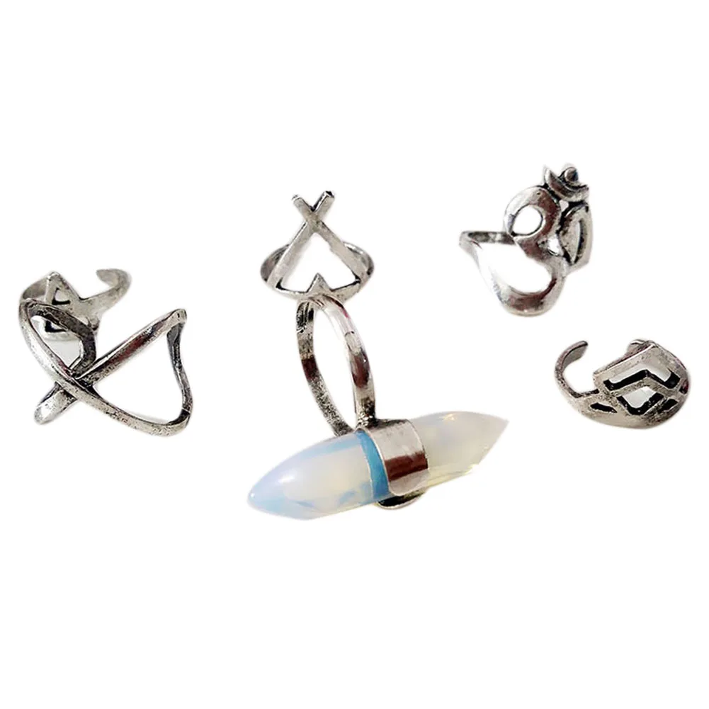 New Fashion Silver Plated Alloy Bohemia Hexagonal Column Charm Ring Set Kunckle Boho Beach Resin Finger Open Rings | Украшения и