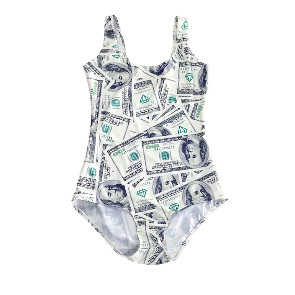 

4XL 4 Patterns US Dollar Cash Printing Sexy Swimwears One Piece For Women Blue Red Sexy Beach Wear Triangle Suits