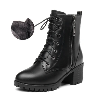 GKTINOO/женские зимние ботинки из натуральной кожи на высоком каблуке теплые женские ботинки из толстой шерсти женские зимние ботинки высокого качества - Цвет: black with plush