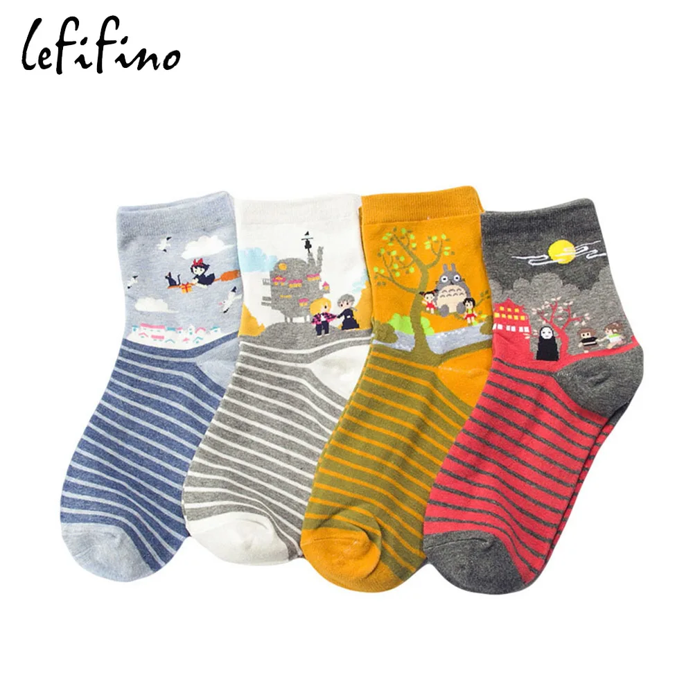 

Cute Cartoon Spirited Away Ghibli Miyazaki Anime Women Cotton Socks Harajuku Character Totoro Stripes Funny Crew Socks Le68240