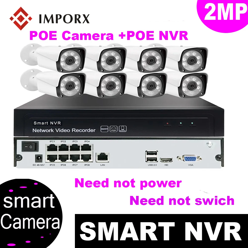 IMPORX 8CH POE NVR комплект видеонаблюдения HD 2MP 8 шт. беспроводная камера безопасности