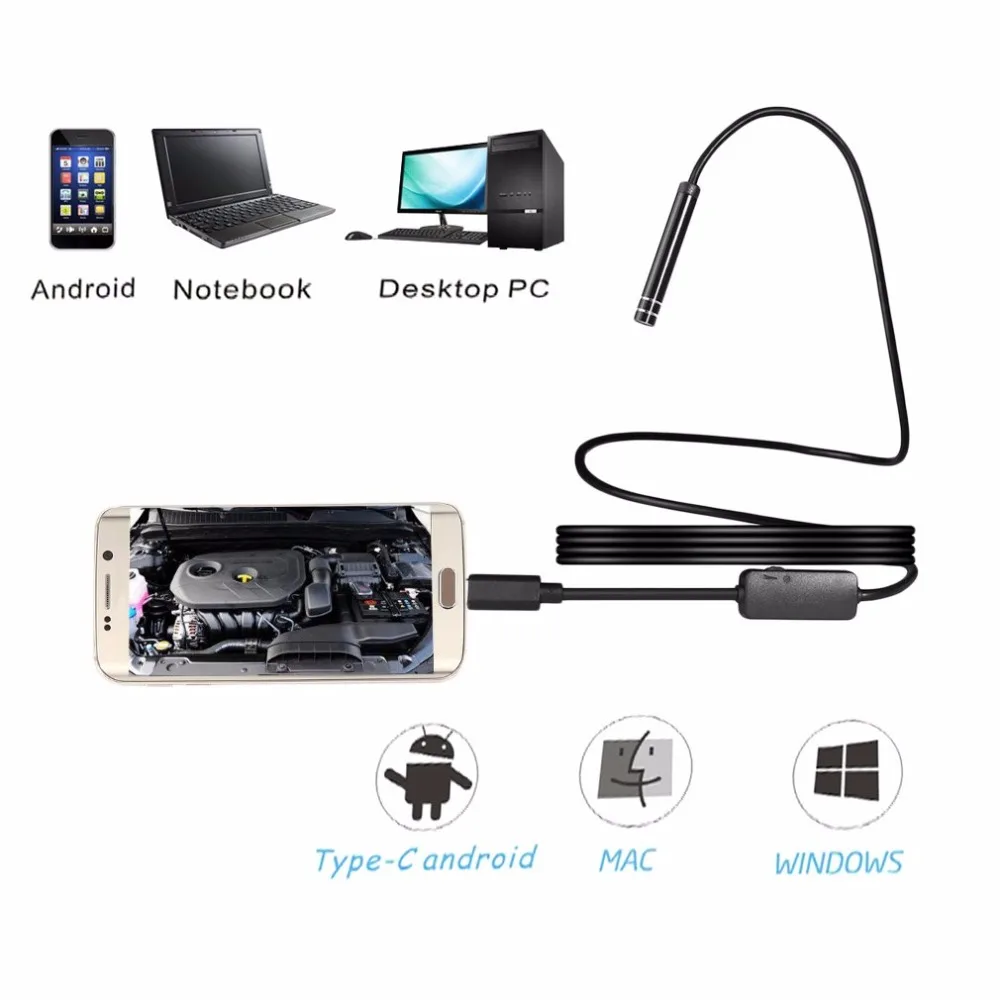 

720P Type-C Android Endoscope 6 LED light Waterproof Inspection Borescope Tube 7mm Lens 1M Length Adjustable Hard Cable Camera