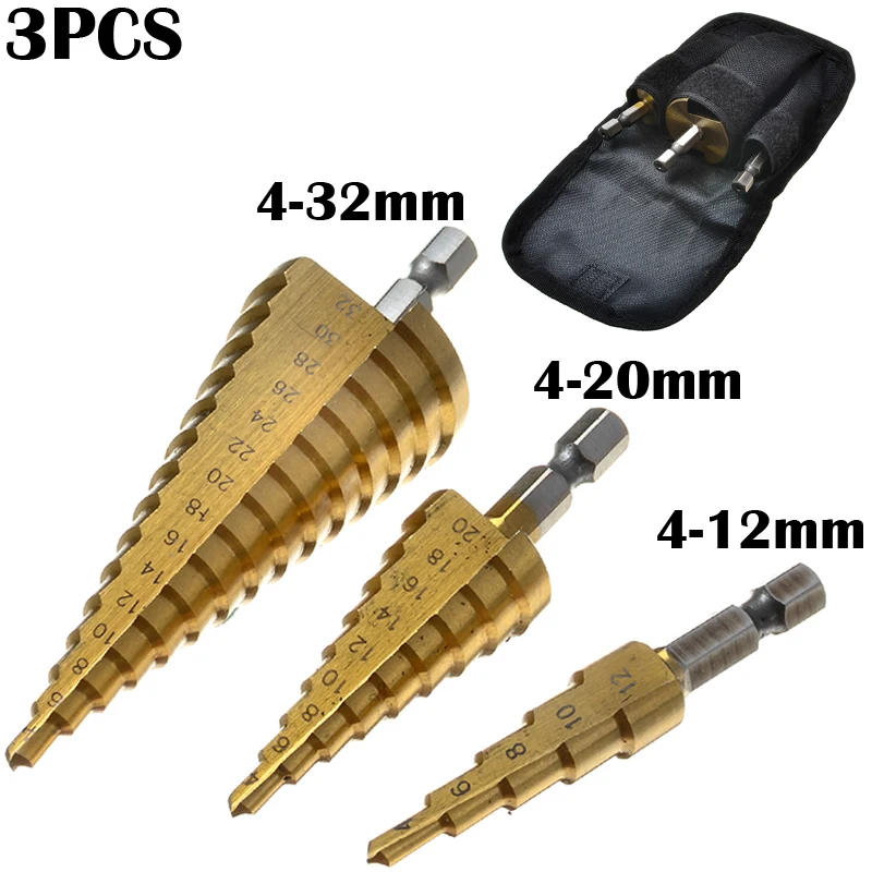 

3pcs Hss Steel Titanium Step Drill Bits 4-12/20/32mm Step Cone Cutting Tools Steel Woodworking Wood Metal Drilling Set