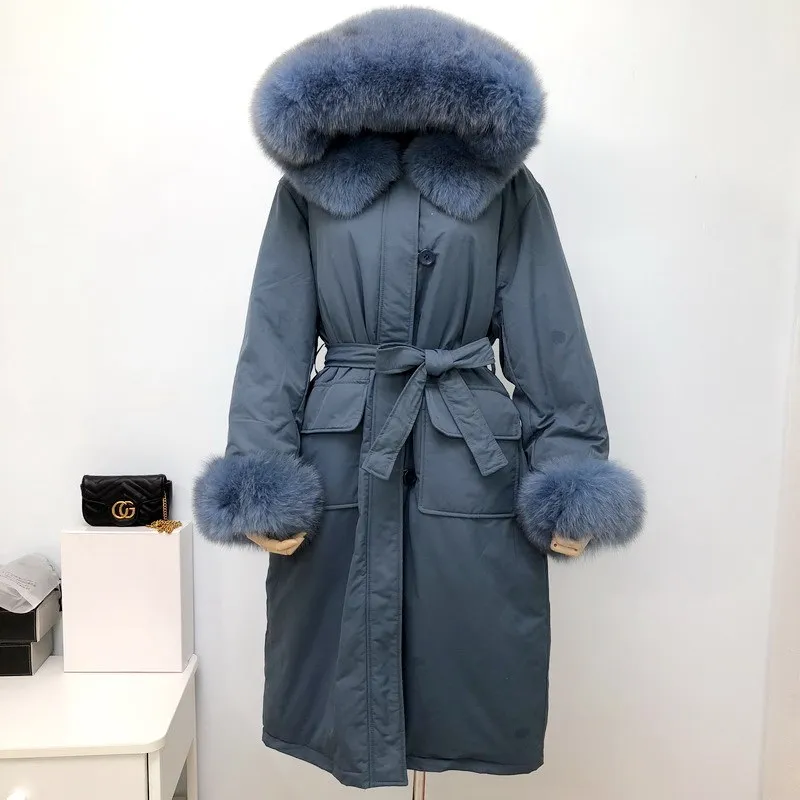 

Winter Down Coat 2019 New Large Natural Fox Fur Collar Down Jacket Women Hooded Long Parkas Warm Snow Outwear Female With Belt