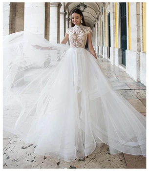 

LORIE Wedding Dress Vintage High-Neck Appliques Beach Bride Dress Puff Tulle Princess Boho Wedding Gown Floor Length 2019