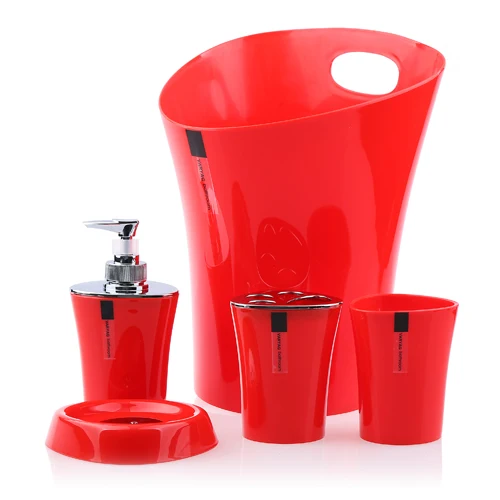 Meltset 5 шт., набор для ванной диспенсер для мыла+ мыльница+ держатель для зубных щеток+ стакан+ мусорное ведро пластиковый набор аксессуаров для ванной комнаты - Цвет: Red