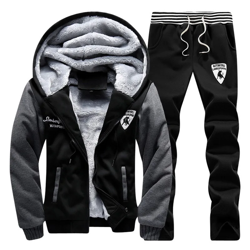 Fur Lining Men Winter Suits Hoodies Coats + Pants Biggest Size M 4XL