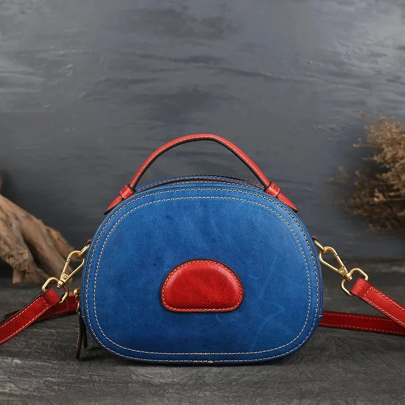 

Vintage Designer Genuine Cow Leather Lady Small Blue Purse Zipper Closure Women's Single Crossbody Shoulder Bag Female Handbag