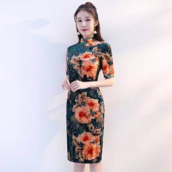 

New Velvet Flower Cheongsam Sexy Qipao Novelty Slim Print Flower Short Sleeve Handmade Button Qipao Size L-4XL