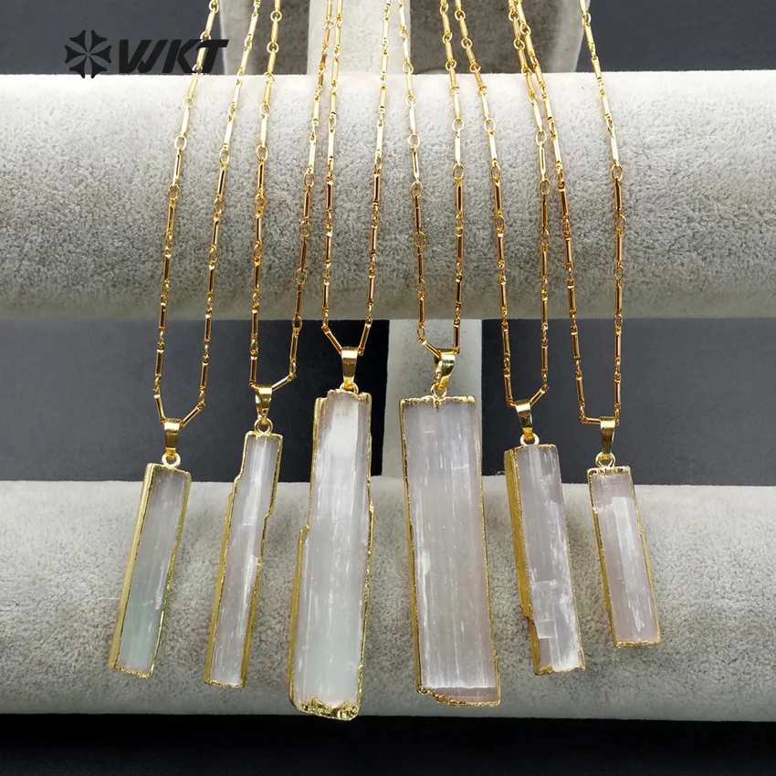 

WT-N1021 WKT Wholesale Custom Natural Selenite Pendant Necklace Unique Rectangle Penadnt With 18 inches Gold Stick Chain Jewelry