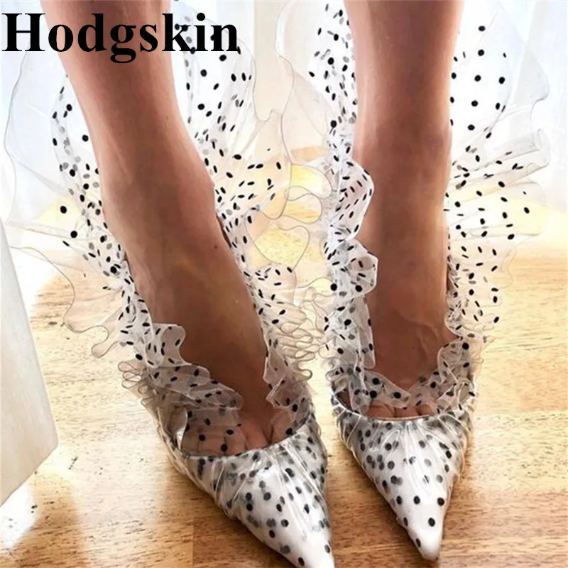 

New Fashion Runway Shell Polka Dot Tulle PVC Women Sandals Ruffle Wrap Elegant Ladies Shoes Party Dress Thin High Heels Pumps