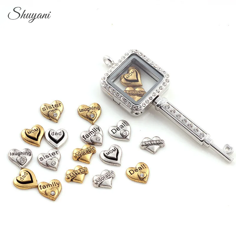 

20Pcs Mix Family Letter Mom Heart Floating Locket Charms for Living Memory Lockets Pendant