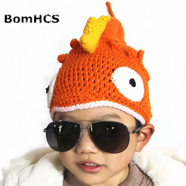 BomHCS “The Goldfish Is on Your Head” Funny Winter Crochet Beanie Animal Fish Cool Handmade Hat for Kids Age 3-10