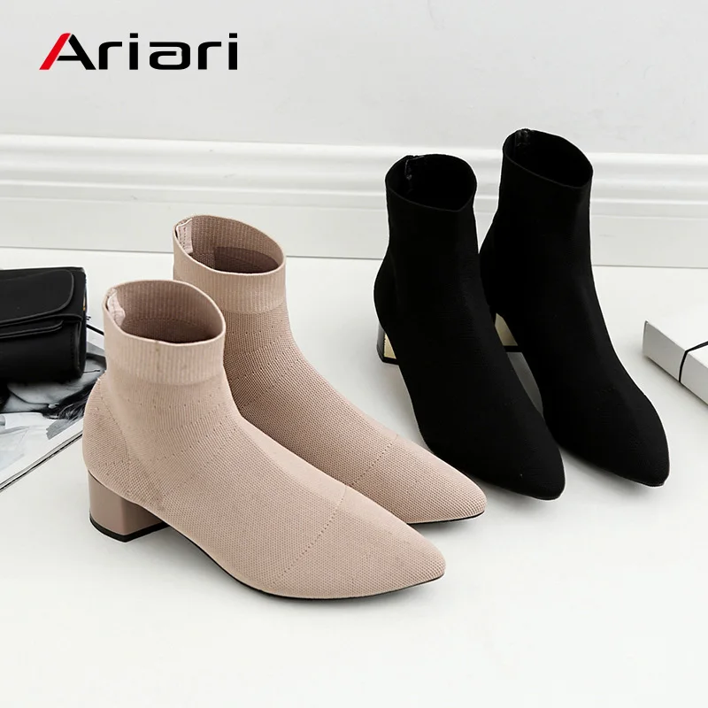 

2019 Fashion Knitted Elastic Socks Boots Medium Heeled Short Boots Women Point Toe Ankle Boots Spring Footwear Sexy Shoes Female