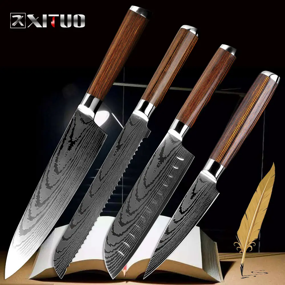 XITUO " дюймовый нож шеф-повара 7" японский нож Santoku замороженный нож для хлеба зубчатый 3," инструмент для очистки овощей Универсальный антипригарный нож дерево - Цвет: 4 PCS chef knife