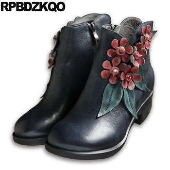 

Round Toe Ankle Handmade Genuine Leather Brand Women Winter Boots Chunky Flower 2017 Autumn Shoes Fall Retro Fur Grey Chinese