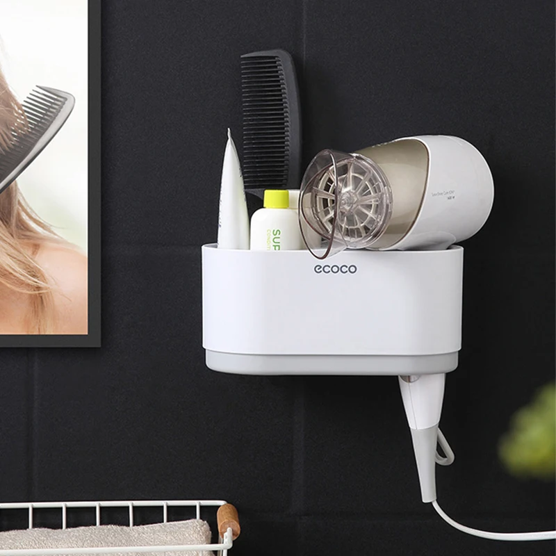 Baratos Estante de baño juego de secador de pelo estante de pared accesorios de baño estantes soporte de almacenamiento para secador de pelo no perforar