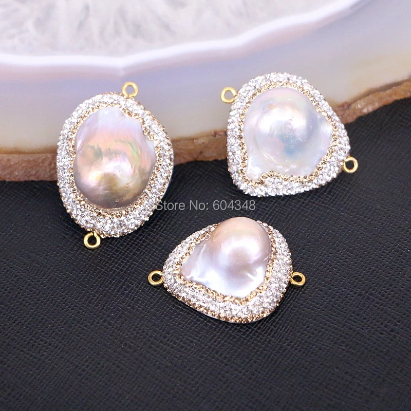 

5PCS Zyunz Nature Pearl Connector Pendant Beads, Pave Rhinestone Crystal Irregular Pearl Beads, For Jewelry Making